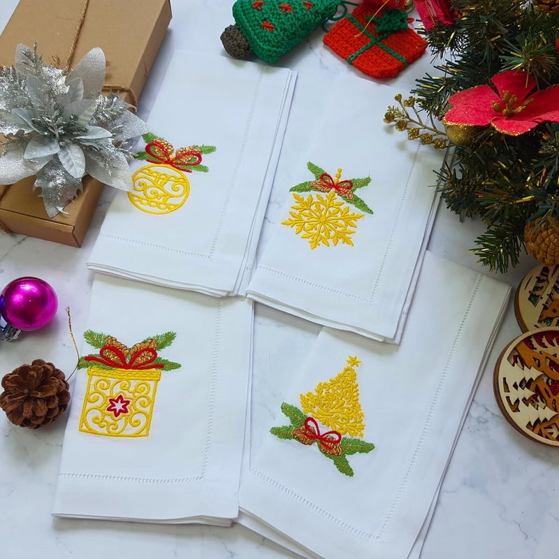 HCRAFT Embroidered Cotton Table Napkin Cloth Napkins Set of 4 18x18 Mix Christmas with Bow Napkin Square Fabric Dining Room Napkins Cloth Machine Washable Christmas Napkins Great Present Ideas - Image 1