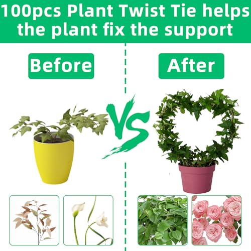 Pretwad 2 PCS Heart Shaped Plant Trellis Indoor with 100 Plant Twist Tie, Iron Heart Trellis for Indoor Climbing Plants Vine Stem Support Hearts Wire, Houseplant Hearts Trellis for Potted Plants - Image 3