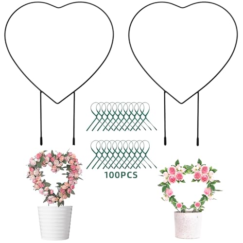 Pretwad 2 PCS Heart Shaped Plant Trellis Indoor with 100 Plant Twist Tie, Iron Heart Trellis for Indoor Climbing Plants Vine Stem Support Hearts Wire, Houseplant Hearts Trellis for Potted Plants - Image 1