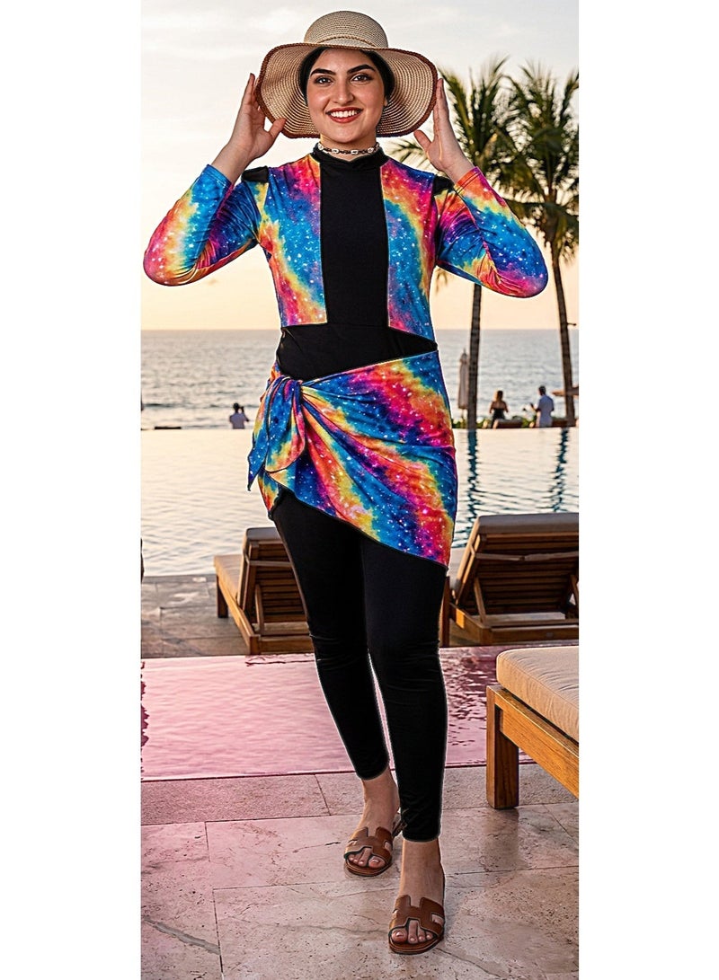Women's trendy 4-piece burkini set - modest swimwear set - quick-drying fabric and sun protection (black with vibrant prints) - Image 1