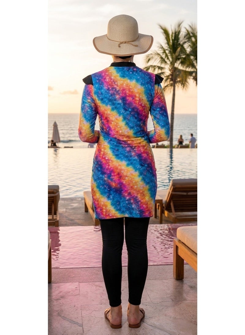 Women's trendy 4-piece burkini set - modest swimwear set - quick-drying fabric and sun protection (black with vibrant prints) - Image 4