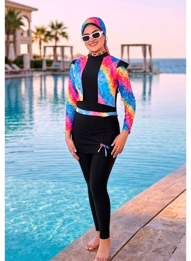 Women's trendy 4-piece burkini set - modest swimwear set - quick-drying fabric and sun protection (black with vibrant prints) - Image 2