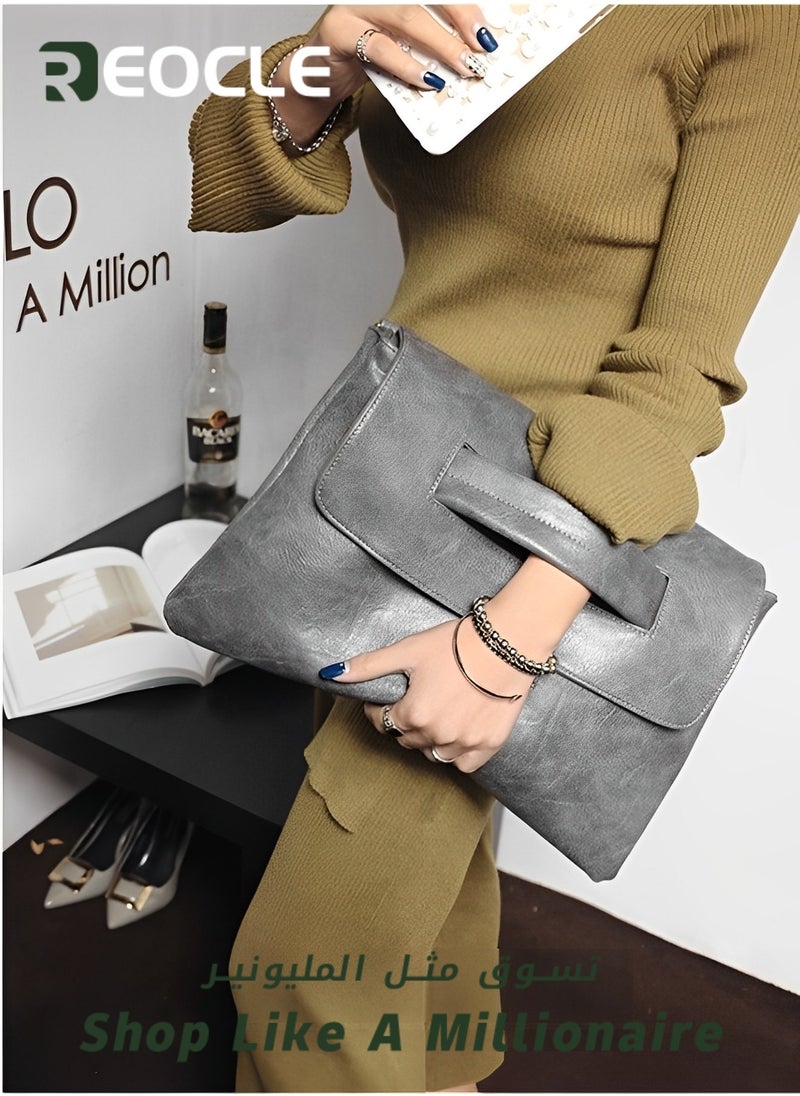 REOCLE - Rectangular Clutch Bag with Handle Leather Envelope Handbag Small Messenger Bag Vintage Satchel Purse with Shoulder Strap - Image 1