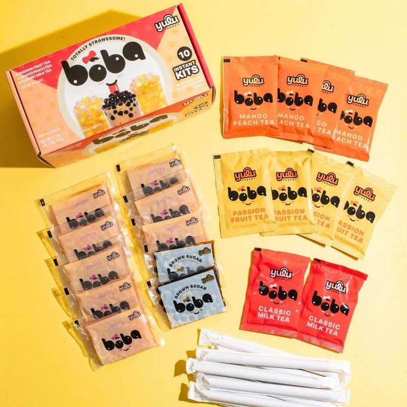 Boba Bundle Kit 10 Serv. Instant Bubble Pearl Variety Milk Tea Kit with Authentic Brown Sugar Tapioca Pearls by Yulu Foods - Ready in Under 1 Minute, Includes Paper Straws - Gift Box, Holiday (Classic, Mango Peach, Passionfruit) - Image 3