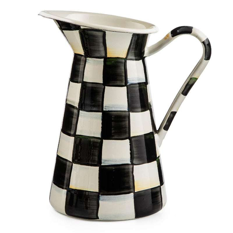 mackenzie childs إبريق مكنزي تشايلدز العملي من المينا مع صنبور لإبريق المشروبات للشاي المثلج أو الماء أو مزهرية الزهور متوسطة الحجم باللونين الأسود والأبيض بتصميم Courtly Check