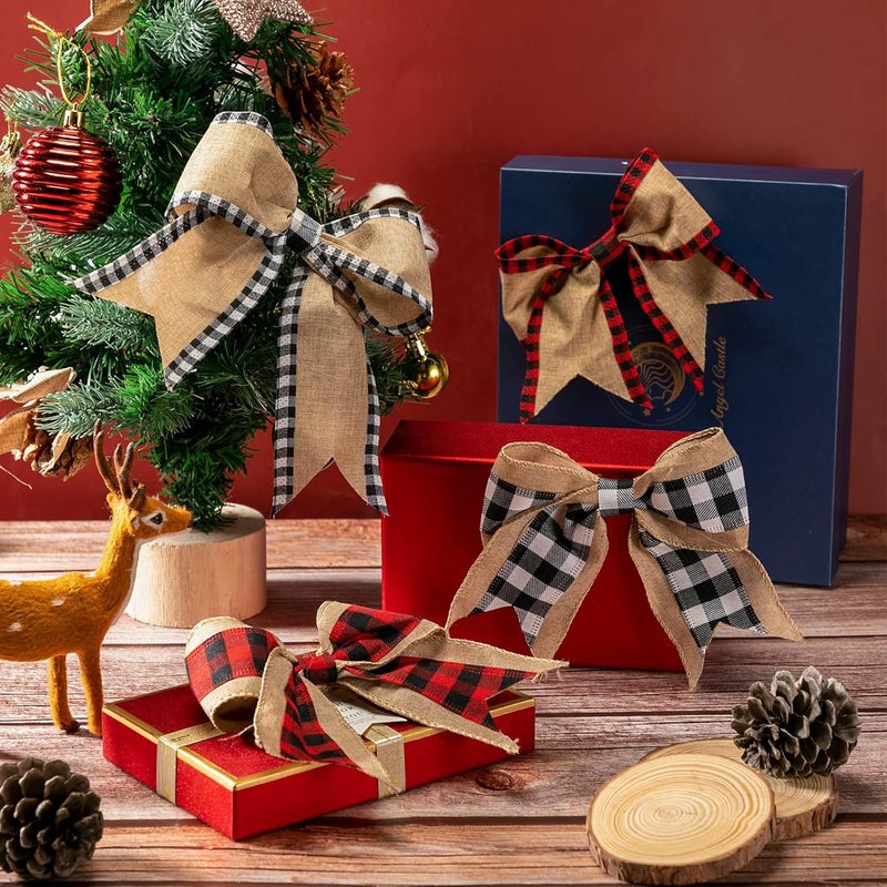 Luinabio 20 قوس من الخيش الأحمر والأسود  إكليل عيد الميلاد وأقواس الشجرة باللونين الأسود والأبيض بنمط مربعات البيفالو  71 × 71 بوصة - Image 3