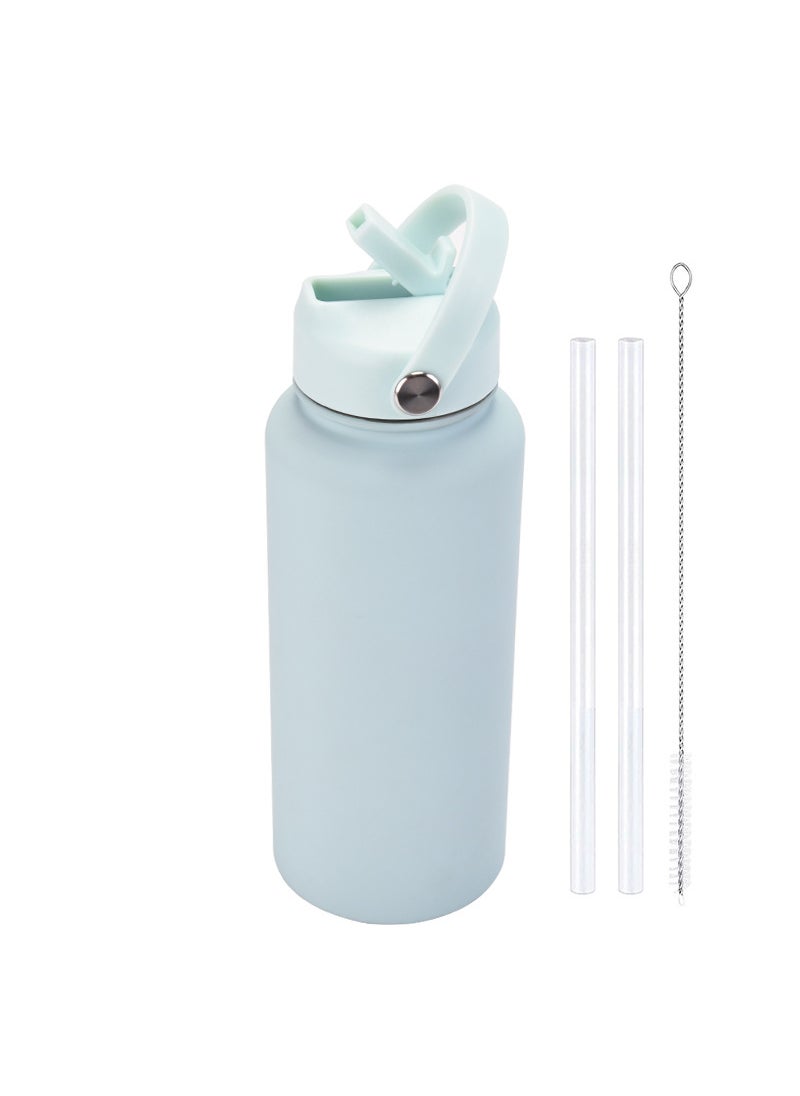 2024 New Sports Kettle Stainless Steel Large Capacity 1L American Style Big Mouth Thermos Cup Portable Handles Straw Cup Bluish white
