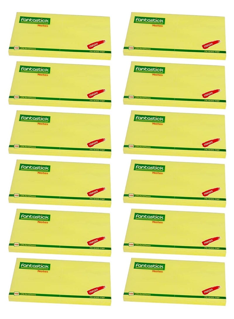 Fantastick ملاحظات لاصقة 12-pad بحجم 3x5 بوصة باللون الأصفر النيون - Image 1