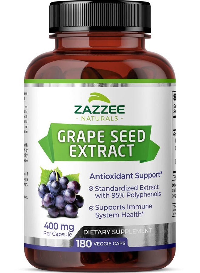 Zazzee High Strength Grape Seed 50:1 Extract, 180 Vegan Capsules, 95% Polyphenols, 400 mg per Capsule, 6 Month Supply, Standardized and Concentrated 50X Extract, Non-GMO, Made in The USA - Image 1