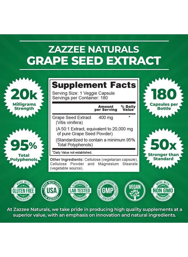 Zazzee High Strength Grape Seed 50:1 Extract, 180 Vegan Capsules