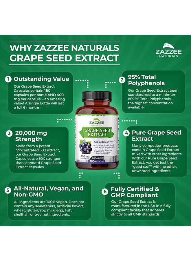 Zazzee High Strength Grape Seed 50:1 Extract, 180 Vegan Capsules