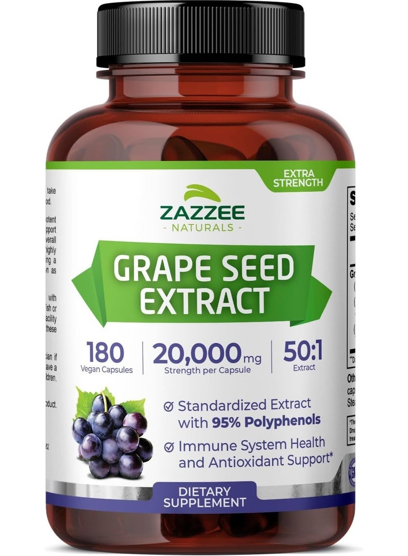 Zazzee Grape Seed Extract 20000 mg Strength, 180 Vegan Capsules - Image 1