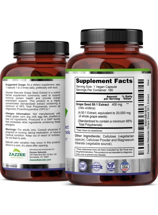 Zazzee Grape Seed Extract 20000 mg Strength, 180 Vegan Capsules - Image 3