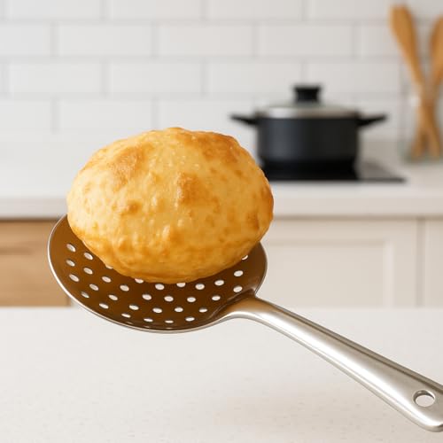 GS KITCHENWARE GS Stainless Steel Skimmer Puri/WADA Frying Strainer Jhara Versatile Deep Fry Chalni with Handle for Kitchen (Silver) Pack of 1 - Image 3