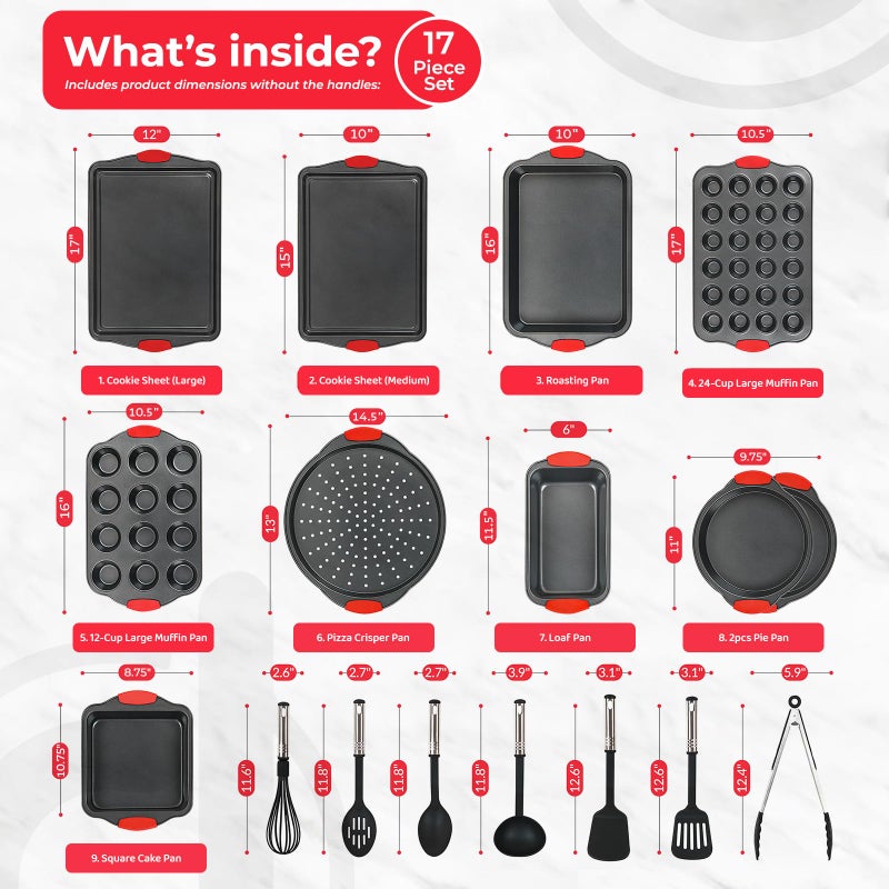 PERLLI Non-Stick 17-Piece Baking Pan Set, BPA-Free Carbon Steel Bakeware Set with Silicone Handles, Stackable Kitchen Oven Set, Cookie Sheet, Baking Tray, Baking Sheet Set, Utensils, Oven Safe (446Â°F) - Image 2