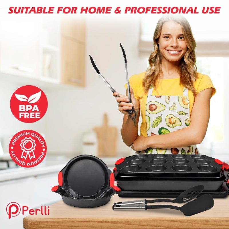 PERLLI Non-Stick 17-Piece Baking Pan Set, BPA-Free Carbon Steel Bakeware Set with Silicone Handles, Stackable Kitchen Oven Set, Cookie Sheet, Baking Tray, Baking Sheet Set, Utensils, Oven Safe (446Â°F) - Image 5