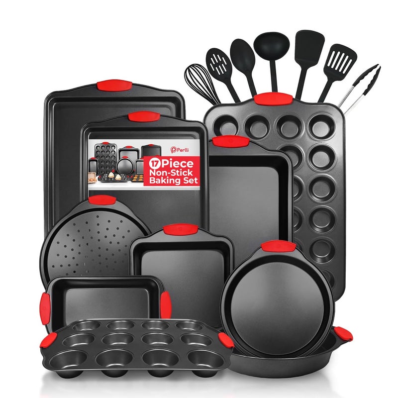 PERLLI Non-Stick 17-Piece Baking Pan Set, BPA-Free Carbon Steel Bakeware Set with Silicone Handles, Stackable Kitchen Oven Set, Cookie Sheet, Baking Tray, Baking Sheet Set, Utensils, Oven Safe (446Â°F) - Image 1