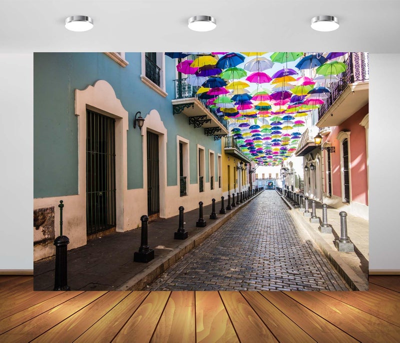 BELECO 7x5ft Fabric Puerto Rico Backdrop Colorful Umbrellas of Downtown San Juan Background for Party Decorations Photoshoot Studio Props - Image 5