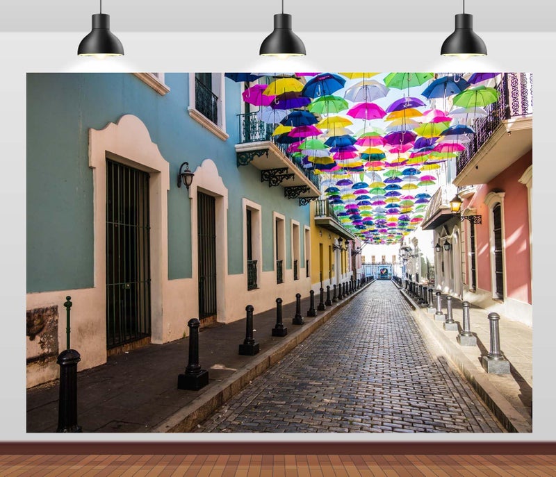 BELECO 7x5ft Fabric Puerto Rico Backdrop Colorful Umbrellas of Downtown San Juan Background for Party Decorations Photoshoot Studio Props - Image 1