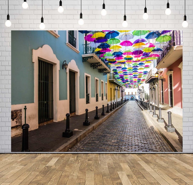 BELECO 7x5ft Fabric Puerto Rico Backdrop Colorful Umbrellas of Downtown San Juan Background for Party Decorations Photoshoot Studio Props - Image 2