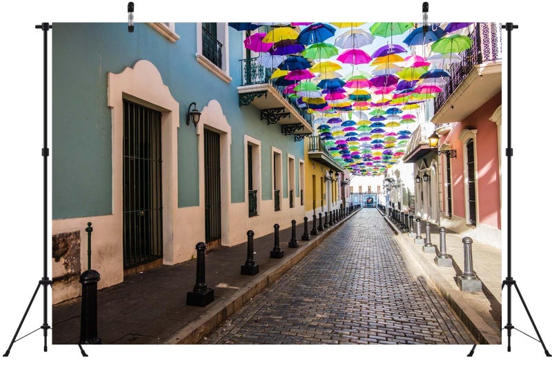 BELECO 7x5ft Fabric Puerto Rico Backdrop Colorful Umbrellas of Downtown San Juan Background for Party Decorations Photoshoot Studio Props - Image 4