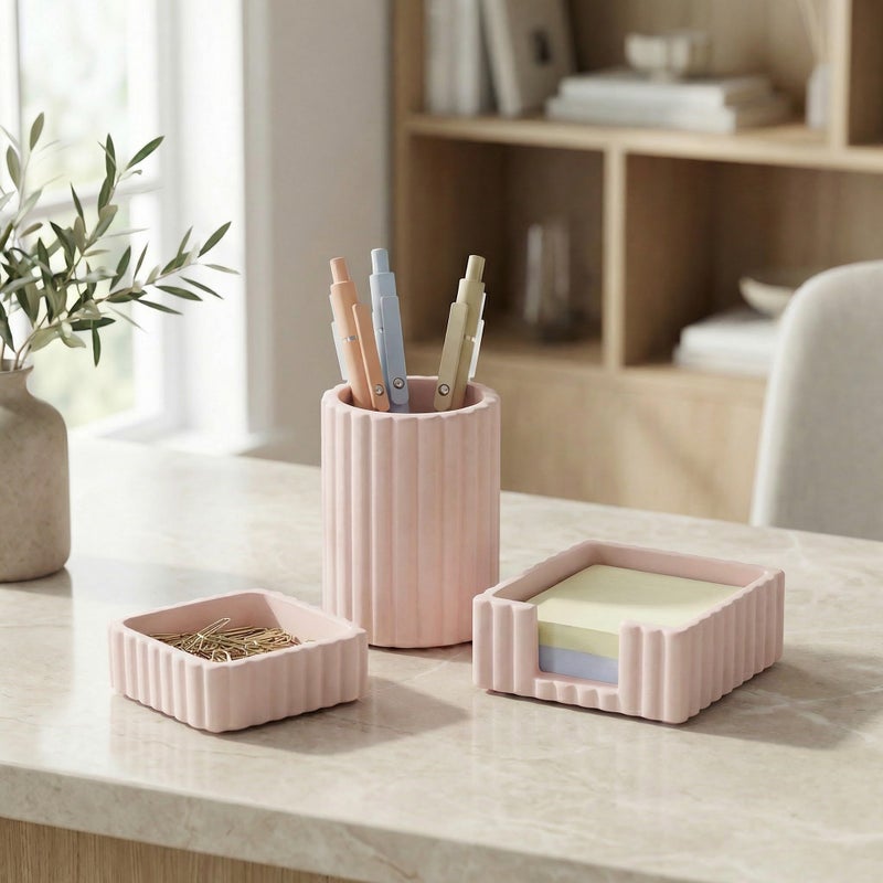 KIBAGA Modern Aesthetic Desk Accessories Set of 3 - Stylish Pink Concrete Organizers for Pens & Office Supplies - A Cute and Functional Addition to Your Workspace Decor - Image 1