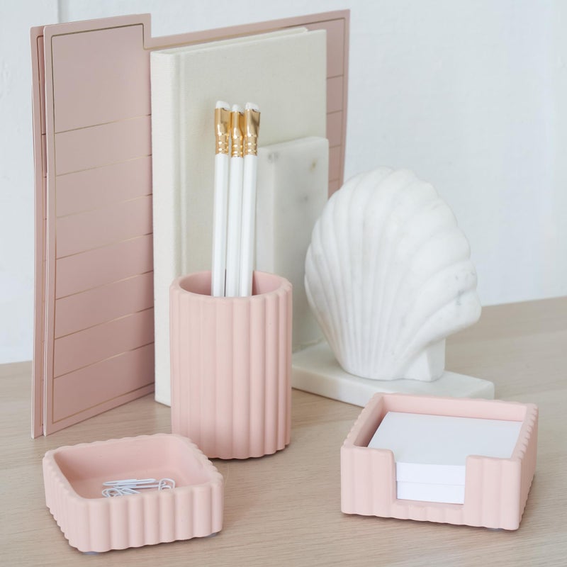 KIBAGA Modern Aesthetic Desk Accessories Set of 3 - Stylish Pink Concrete Organizers for Pens & Office Supplies - A Cute and Functional Addition to Your Workspace Decor - Image 2