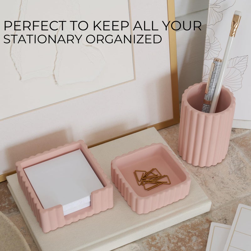 KIBAGA Modern Aesthetic Desk Accessories Set of 3 - Stylish Pink Concrete Organizers for Pens & Office Supplies - A Cute and Functional Addition to Your Workspace Decor - Image 3