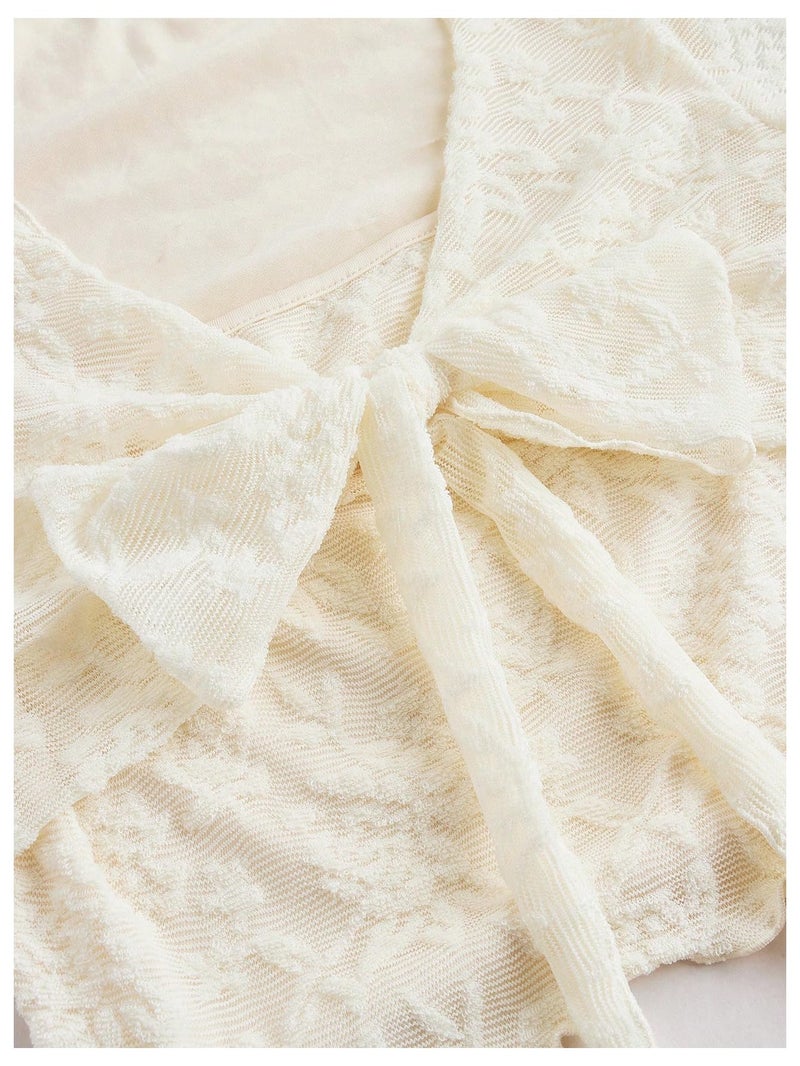 Verdusa Women's Cute Lace Crop Tops Bow Square Neck Tops Short Sleeve Fairy Going Out Crop Tops Apricot Small - Image 3