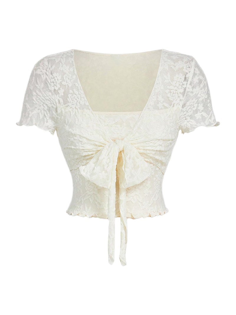 Verdusa Women's Cute Lace Crop Tops Bow Square Neck Tops Short Sleeve Fairy Going Out Crop Tops Apricot Small - Image 1