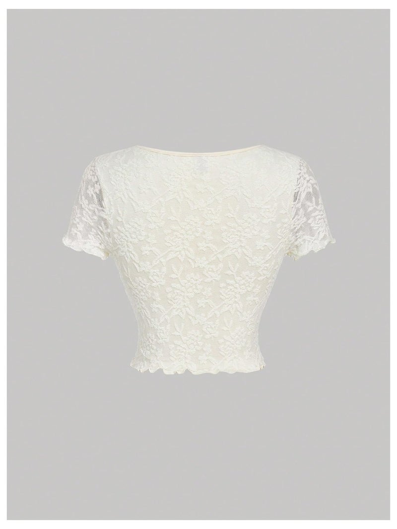 Verdusa Women's Cute Lace Crop Tops Bow Square Neck Tops Short Sleeve Fairy Going Out Crop Tops Apricot Small - Image 2