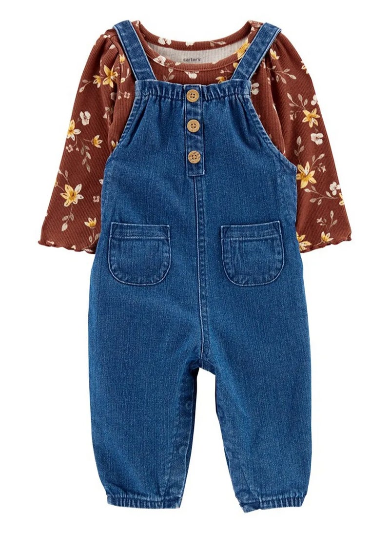 carter's Carter's 2-Piece Floral Bodysuit & Denim Jumpsuit Set - Blue  - Image 1