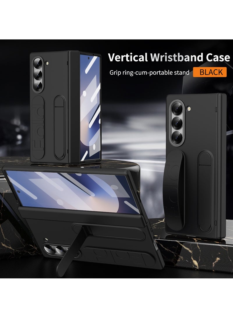 Samsung Galaxy ZFold 6 Stand Case with Hand Strap and Hinge Protection Screen Protector, Raised Edge Cover for ZFold 6（Black） - Image 1