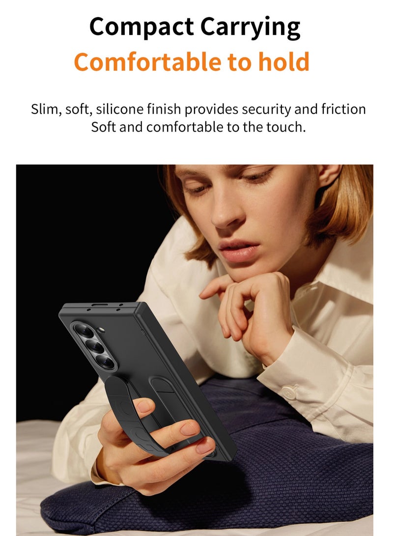 Samsung Galaxy ZFold 6 Stand Case with Hand Strap and Hinge Protection Screen Protector, Raised Edge Cover for ZFold 6（Black） - Image 2