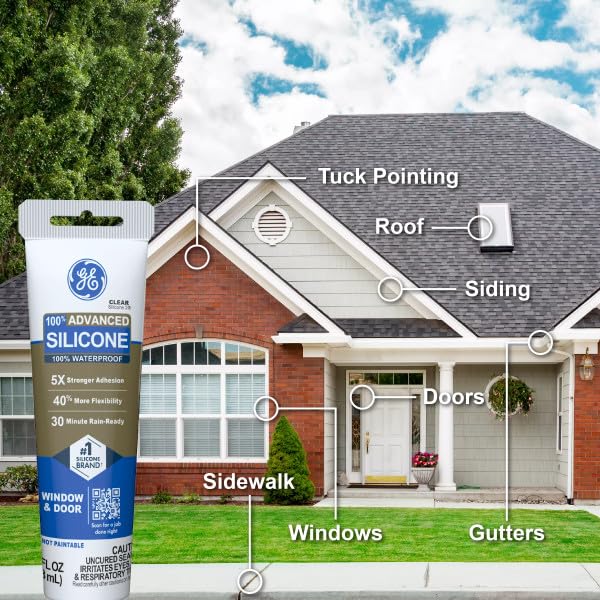 GE Advanced Silicone Caulk for Window & Door, Clear, 2.8 fl oz Tube, 1 Pack - 100% Waterproof Silicone Sealant, 5X Stronger Adhesion, Freeze & Sun Proof - Image 5