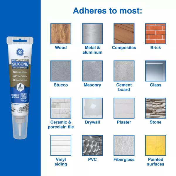 GE Advanced Silicone Caulk for Window & Door, Clear, 2.8 fl oz Tube, 1 Pack - 100% Waterproof Silicone Sealant, 5X Stronger Adhesion, Freeze & Sun Proof - Image 4