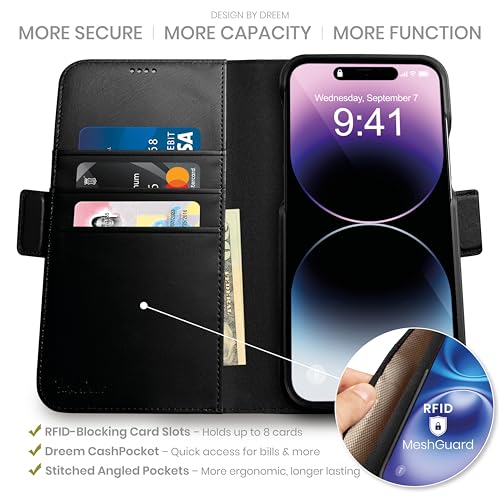 Dreem Wallet Case for iPhone 14 Plus 2 Way Phone Stand Magnetic Detachable Vegan Leather Flip Cover RFID Blocking Card Holder MagSafeFit Gift Box Fibonacci Black - Image 3