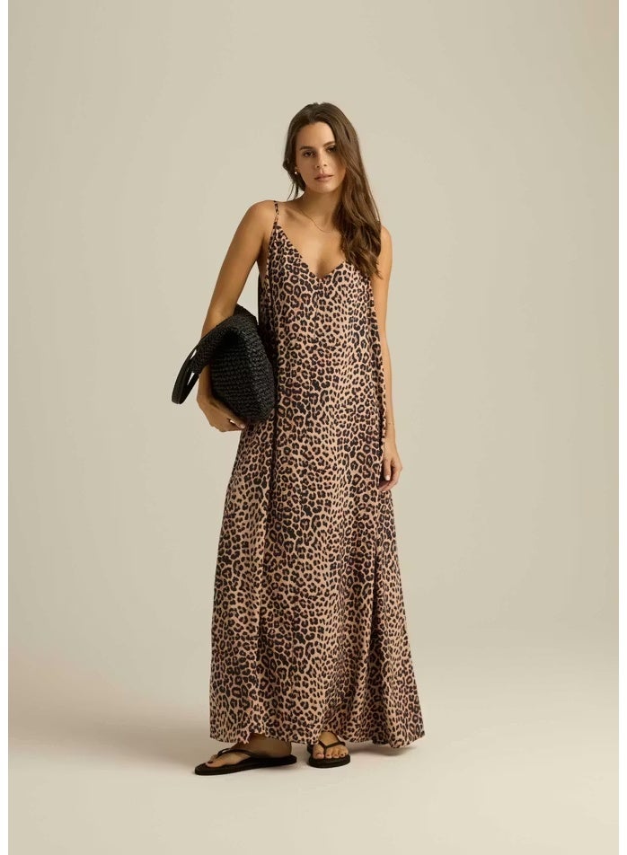 HOMETOPIA Women's Long Cupro Summer Dress – Free Size – Adjustable Thin Straps, Embroidered Back, Open Back, Lightweight & Breathable – Flowy Loose Fit – Elegant Casual Beach Maxi Dress – Anthracite / Khaki Leopard Print  - Image 1