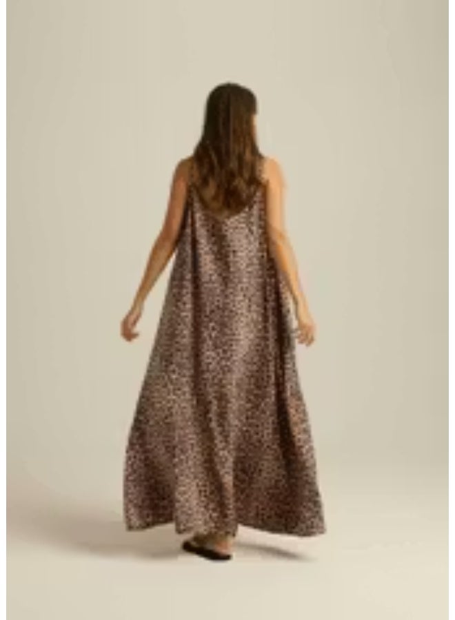 HOMETOPIA Women's Long Cupro Summer Dress – Free Size – Adjustable Thin Straps, Embroidered Back, Open Back, Lightweight & Breathable – Flowy Loose Fit – Elegant Casual Beach Maxi Dress – Anthracite / Khaki Leopard Print  - Image 3