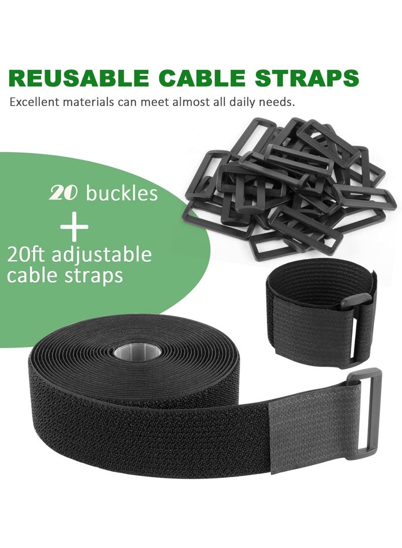 Adjustable Cable Straps, Velcro Cable Ties, 2''*16.4ft Hook and Loop Straps with 20 Buckles, Free Cut Self Securing Strap, Reusable Nylon Securing Cord Ties for Cable Organiser Storage - Image 4