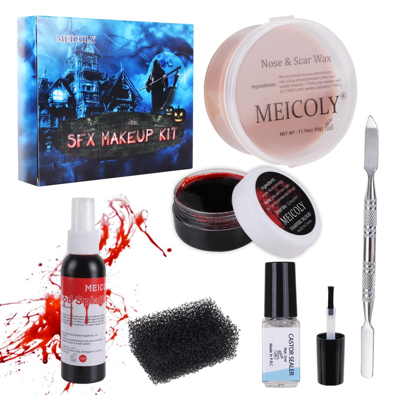 مجموعة مكياج MEICOLY SFX شمع الندوب ورذاذ الدم المزيف 21 أونصة تأثيرات خاصة للهالوين شمع الجروح 167 أونصة مع ملعقة إسفنجية ملطخة جل الدم المتخثر 106 أونصة 5 مل مثبت كاستور مكياج مهرج مخيف 01
