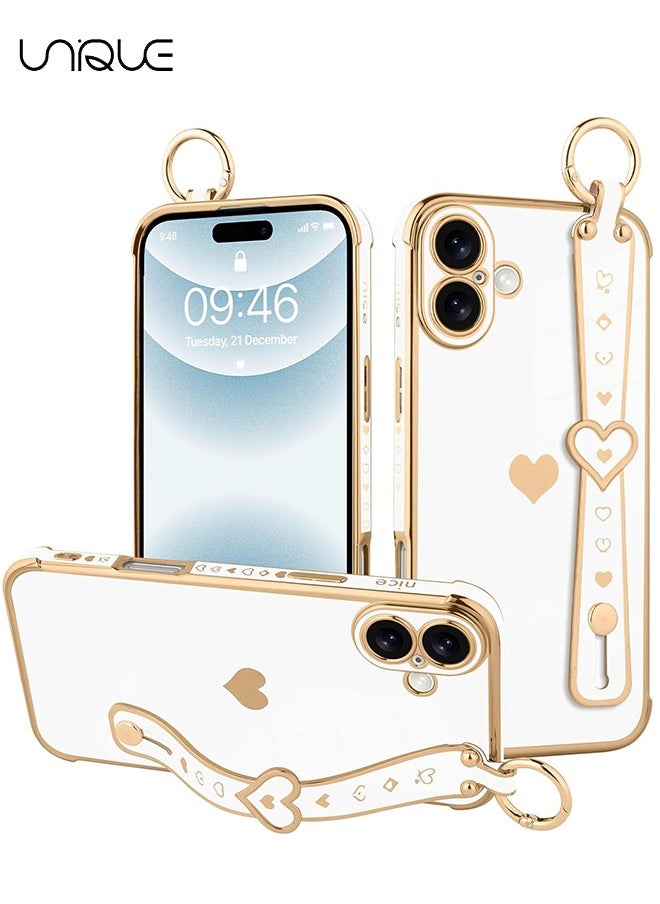 Unique Compatible with iPhone 16 Case, Adjustable Wrist Strap Kickstand, Cute Heart Luxury Gold Plating Bumper, Women Girl Men Protective Case Cover, White  - Image 1