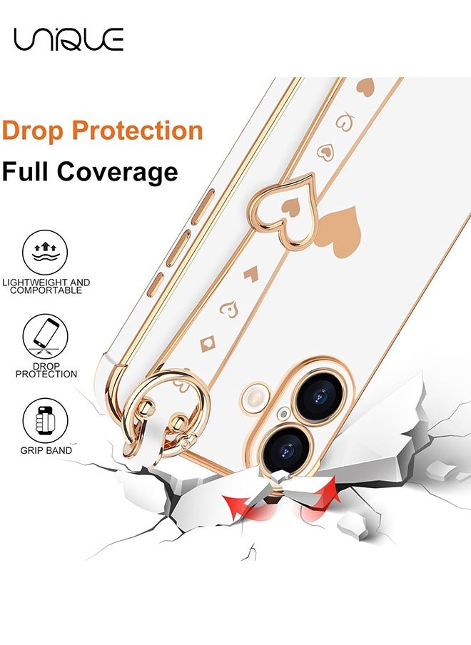 Unique Compatible with iPhone 16 Case, Adjustable Wrist Strap Kickstand, Cute Heart Luxury Gold Plating Bumper, Women Girl Men Protective Case Cover, White  - Image 3