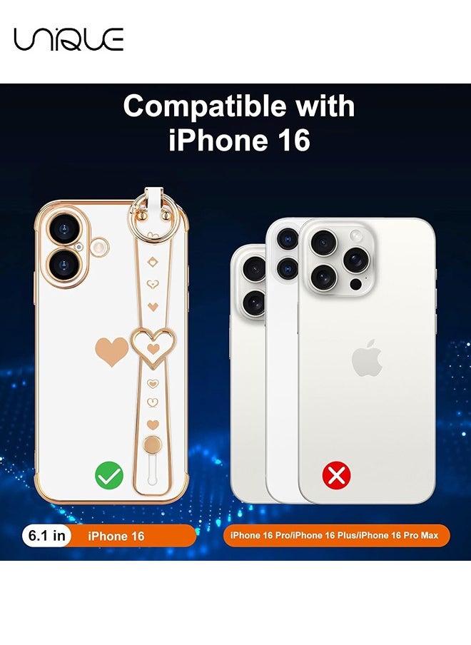 Unique Compatible with iPhone 16 Case, Adjustable Wrist Strap Kickstand, Cute Heart Luxury Gold Plating Bumper, Women Girl Men Protective Case Cover, White  - Image 2
