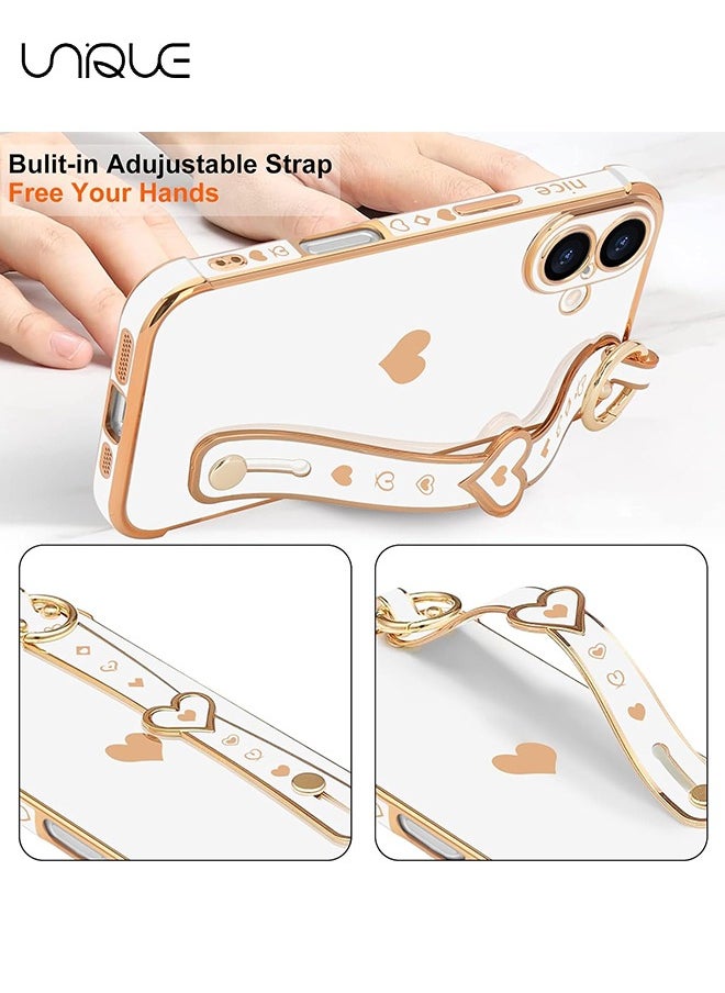 Unique Compatible with iPhone 16 Case, Adjustable Wrist Strap Kickstand, Cute Heart Luxury Gold Plating Bumper, Women Girl Men Protective Case Cover, White  - Image 5