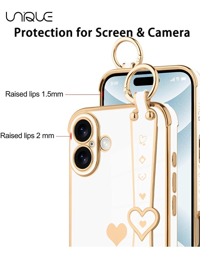 Unique Compatible with iPhone 16 Case, Adjustable Wrist Strap Kickstand, Cute Heart Luxury Gold Plating Bumper, Women Girl Men Protective Case Cover, White  - Image 4