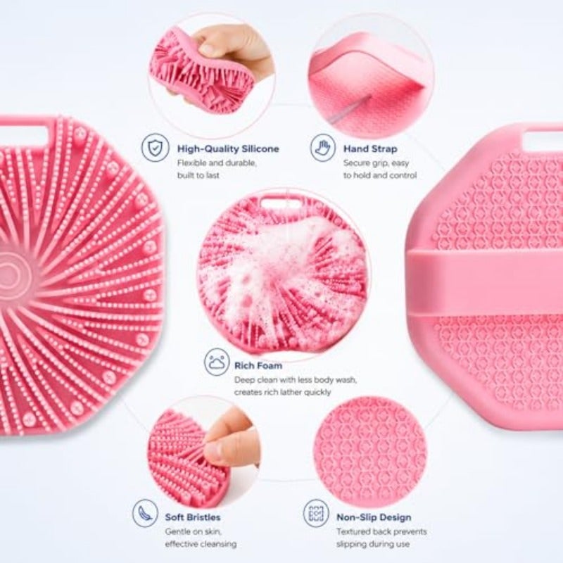 فرك الجسم السيليكوني للاستحمام بديل الليفة الناعمة من السيليكون مع حزام يد مقشر لطيف للجسم فرشاة استحمام تجفيف سريع لرجال ونساء غسول الجسم مقشر أرجواني - Image 5