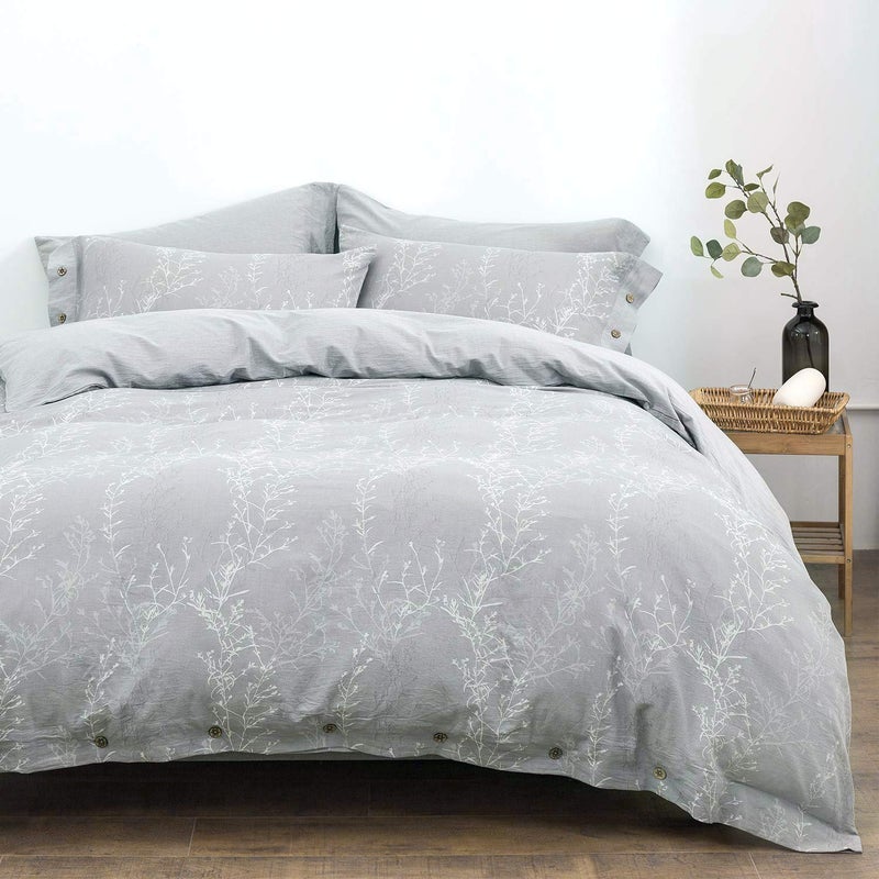 OREISE Duvet Cover Set Full/Queen Size Washed Cotton Yarn, Jacquard Gray and White Thin Branch Pattern Floral Style 3Piece Bedding Set - Image 2