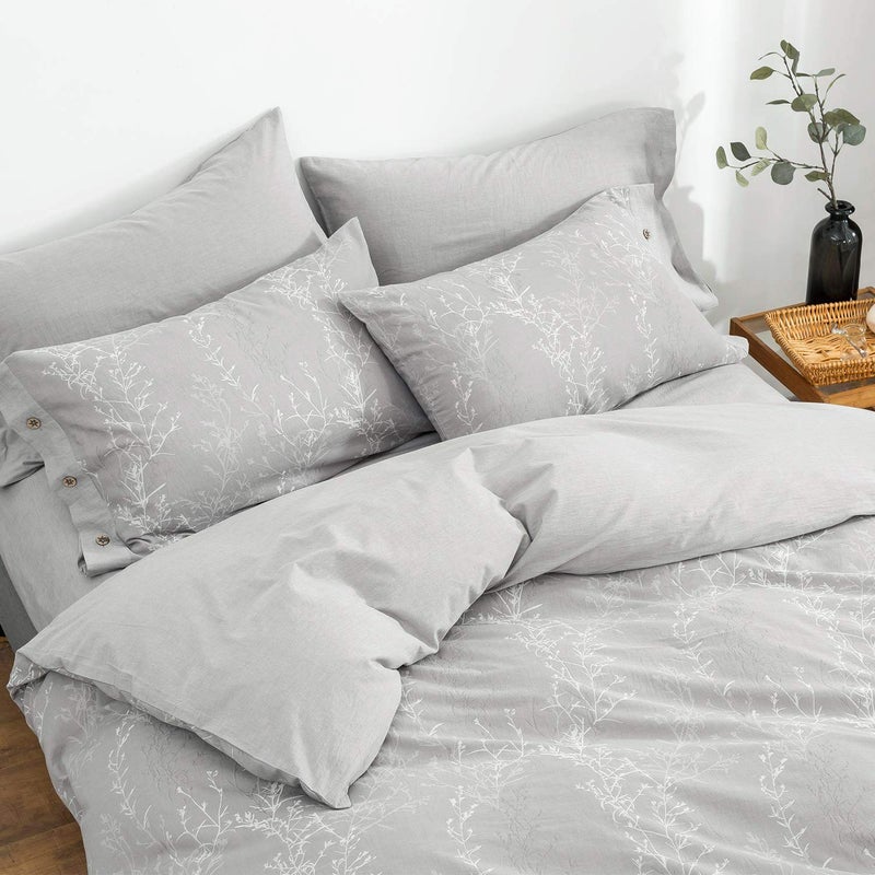 OREISE Duvet Cover Set Full/Queen Size Washed Cotton Yarn, Jacquard Gray and White Thin Branch Pattern Floral Style 3Piece Bedding Set - Image 3
