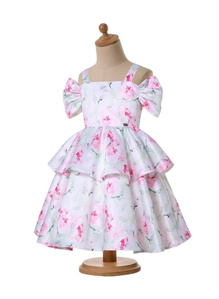 Spanish dress, a set for girls, Spanish design, with a soft pink and green floral hairband, layers with off-the-shoulder sleeves and a strap, in bright colors for Eid, special occasions and National Day set Two pieces  - Image 1